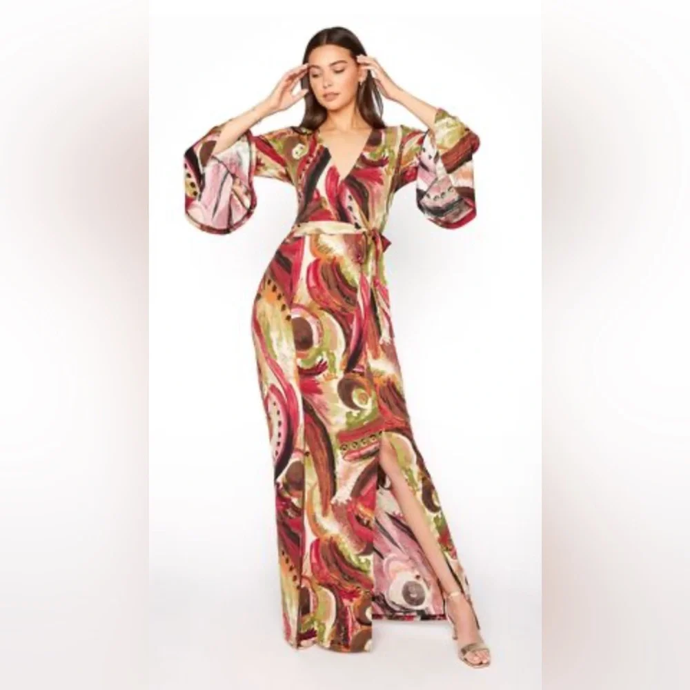 Long Tall Sally LTS Faux Wrap Maxi Dress UK 12 US 8 Abstract Bold Phoebe Buffay - Picture 5 of 15
